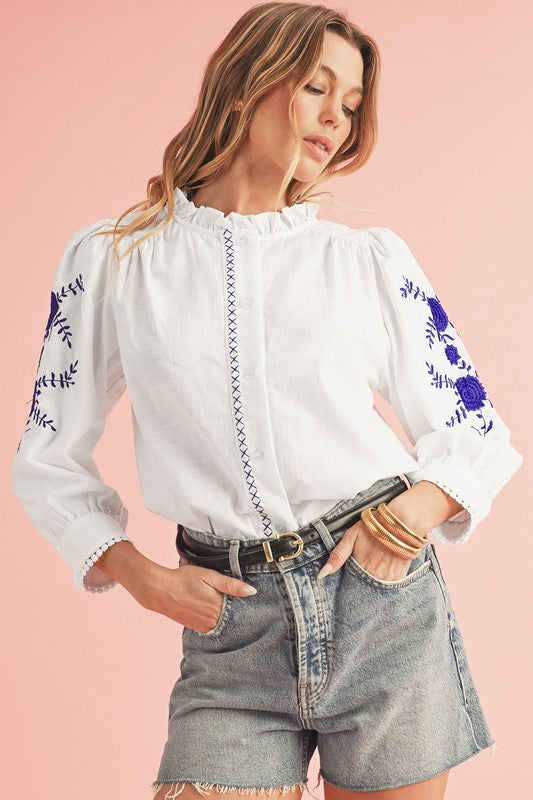 Floral Embroidered Button Up Shirt Shirt