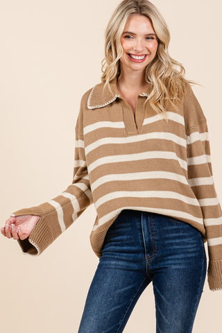 Stripe Pattern Knit Sweater Camel Ivory