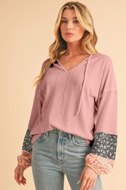 Floral Patchwork Textured Drawstring V Neck Top Top