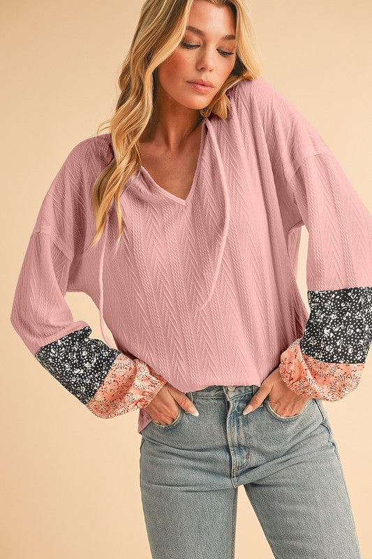 Floral Patchwork Textured Drawstring V Neck Top Top