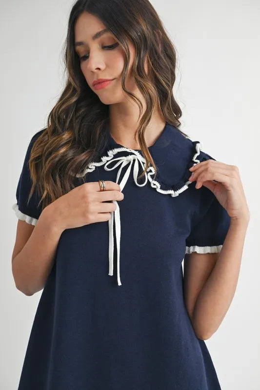 Ruffle Trimmed Collar Fine Knit Mini Dress Dress