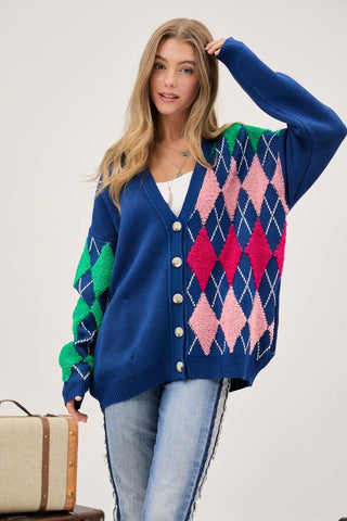 Plush Argyle Button Front Loose Fit Knit Cardigan cardigan