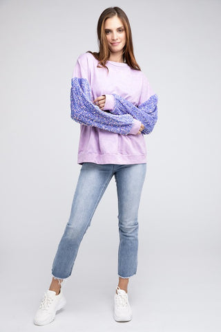 Velvet Sequin Sleeve Mineral Washed Top Sweater