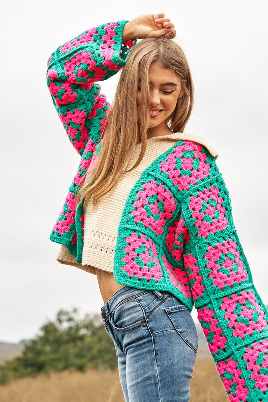 Two-Tone Floral Square Crochet Open Knit Cardigan PINK GREEN cardigan