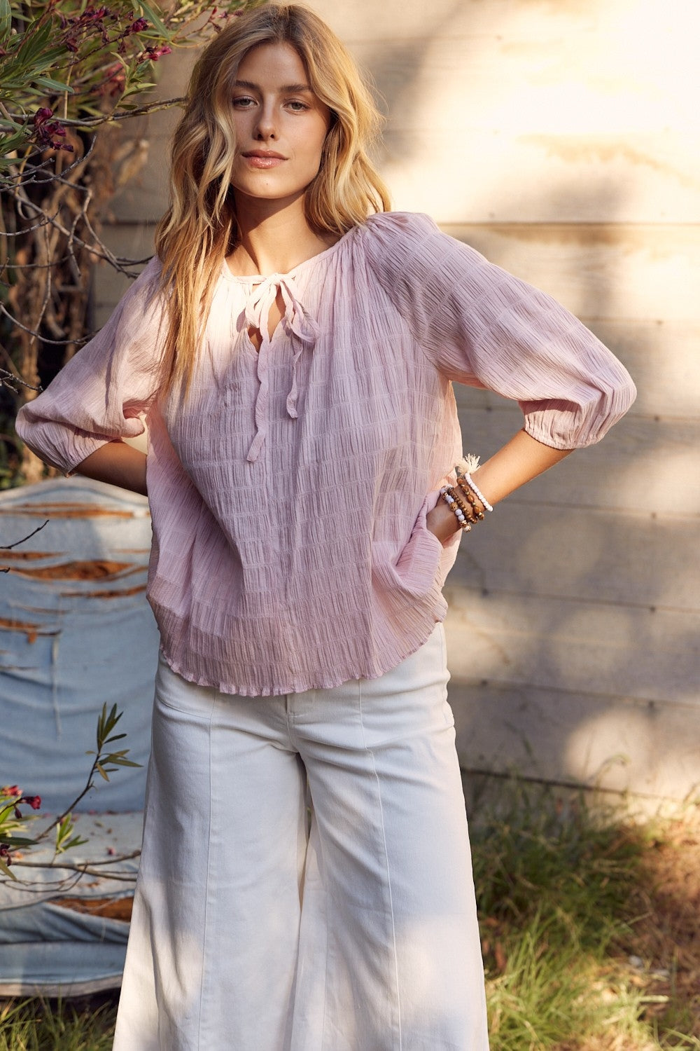 In February Textured Tie Neck Blouse Dusty Pink Top