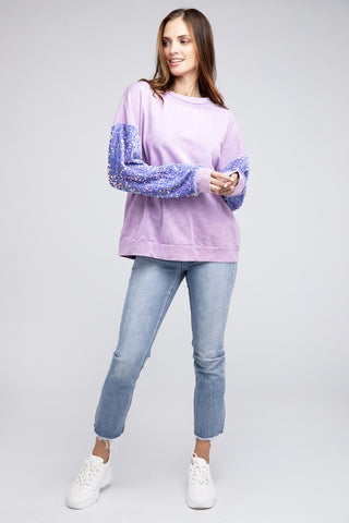 Velvet Sequin Sleeve Mineral Washed Top Sweater