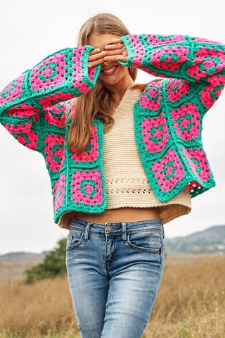 Two-Tone Floral Square Crochet Open Knit Cardigan cardigan