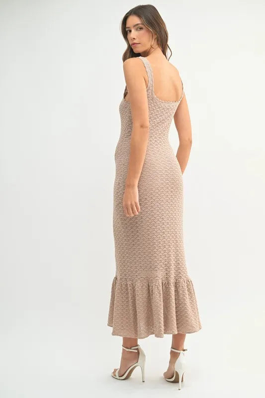 Ruffled Hem Sleeveless Crochet Knit Midi Dress Dress