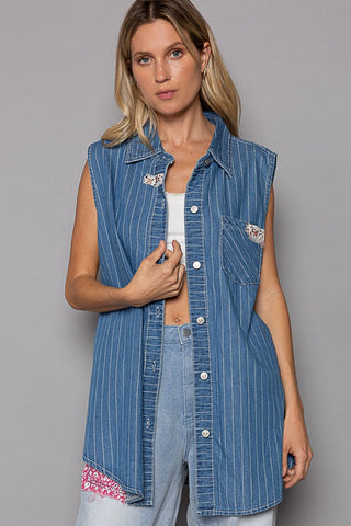 POL Button Down Sleeveless Striped Denim Shirt Top