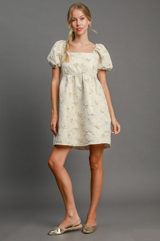 Umgee Heart Jacquard Square Neck Puff Sleeve Mini Dress Cream Dress