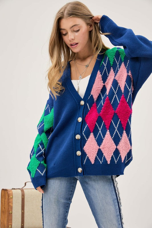 Plush Argyle Button Front Loose Fit Knit Cardigan Teal Multi cardigan