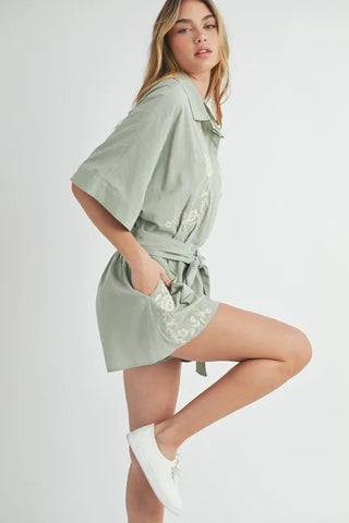 Embroidered Button Down Collared Neck Romper Romper