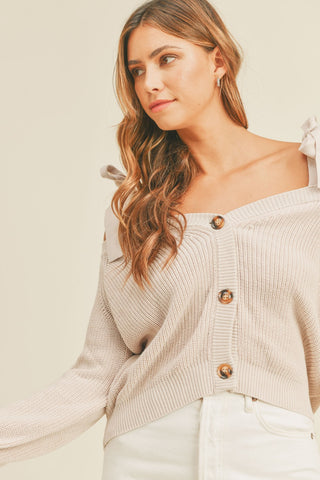 Off Shoulder Self Tie Strap Button Down Sweater cardigan