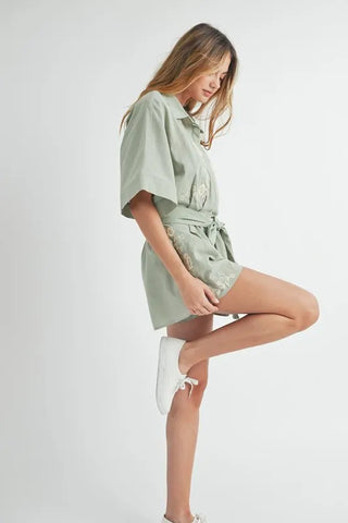 Embroidered Button Down Collared Neck Romper Romper