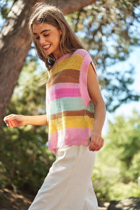 Crochet Multi Striped Pullover Knit Sweater Vest Top