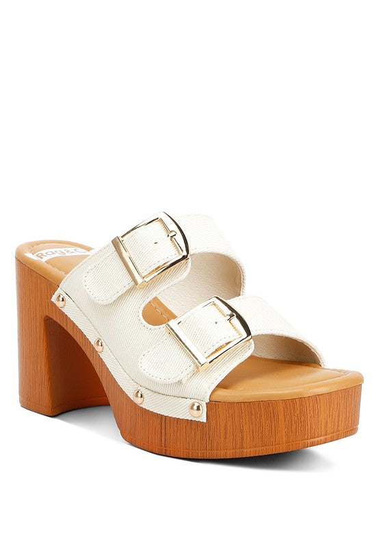 Sarai Buckle Straps High Block Heel Mules Beige mules