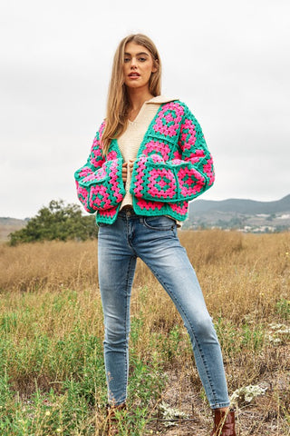 Two-Tone Floral Square Crochet Open Knit Cardigan cardigan