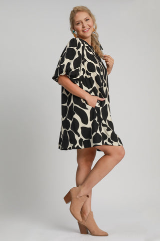 Umgee Full Size Two Tone Abstract Print Puff Sleeve Dress Plus Size Dress