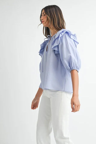 Stripe Ruffle Shoulder Puff Sleeve Blouse Blouse