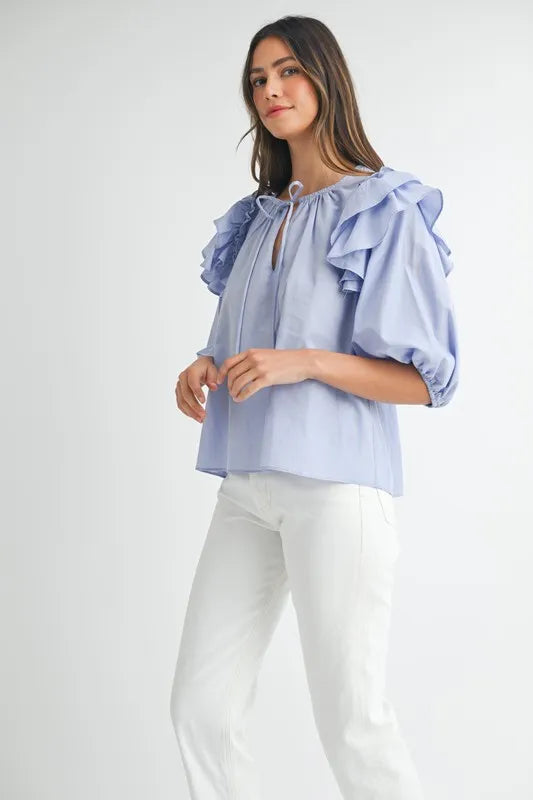 Stripe Ruffle Shoulder Puff Sleeve Blouse Blouse