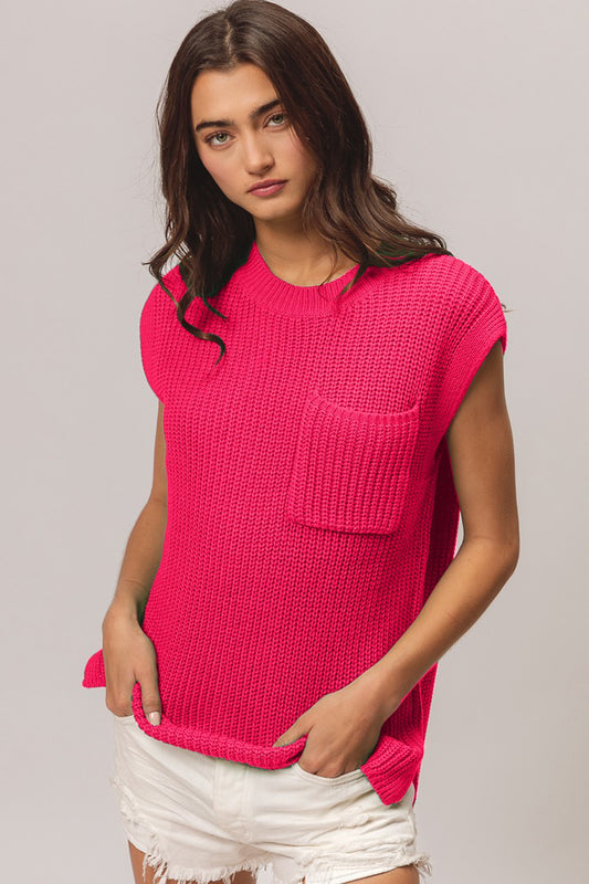 BiBi Patch Pocket Cap Sleeve Sweater Top Fuchsia Sweater