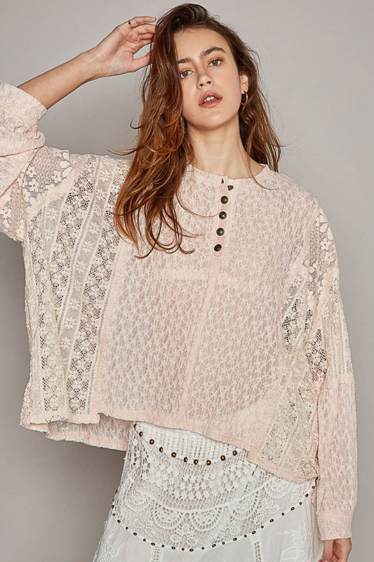 POL Round Neck Long Sleeve Raw Edge Lace Top Blush Top