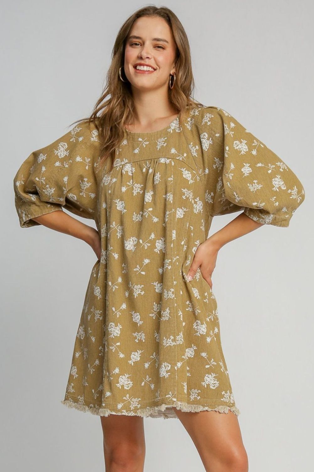 Umgee Raw Hem Floral Print Round Neck Denim Dress Dress