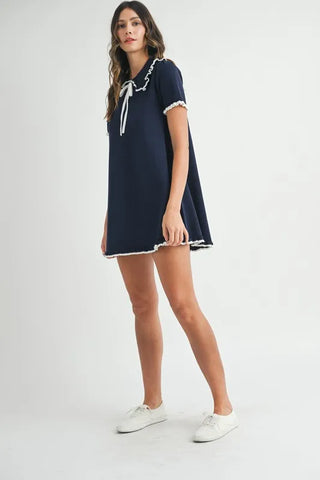 Ruffle Trimmed Collar Fine Knit Mini Dress Dress