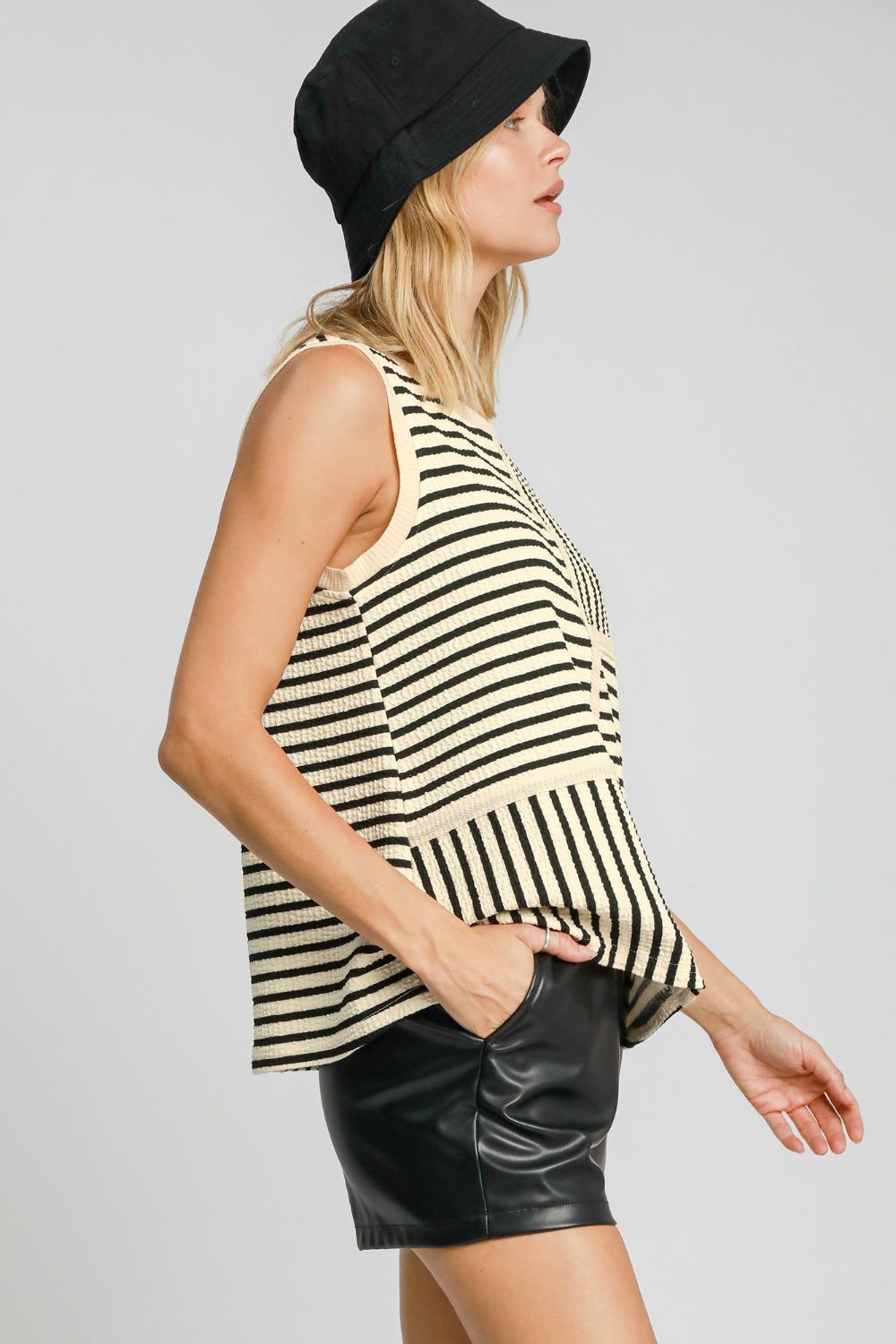 Umgee Round Neck Texture Striped Tank Top