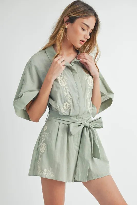 Embroidered Button Down Collared Neck Romper Romper