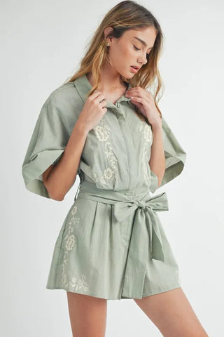 Embroidered Button Down Collared Neck Romper Romper