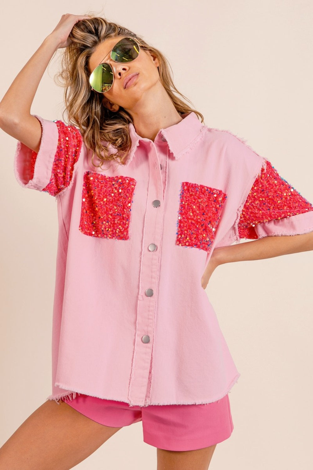 BiBi Sequin Detail Raw Hem Short Sleeve Shirt Pink Fuchsia Shirt