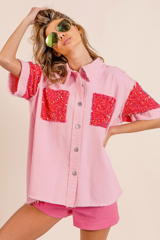 BiBi Sequin Detail Raw Hem Short Sleeve Shirt Pink Fuchsia Shirt