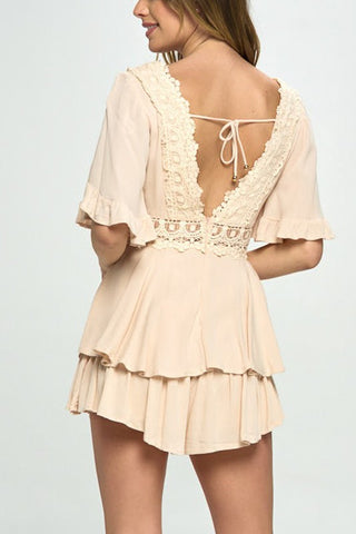 Flutter Sleeved Short Romper with Crochet Trim Romper