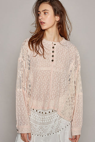 POL Round Neck Long Sleeve Raw Edge Lace Top Top