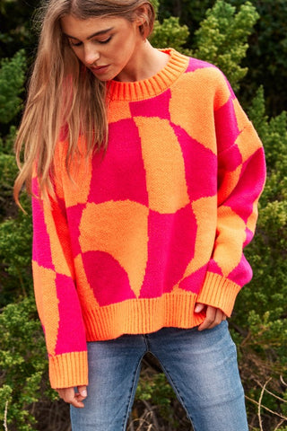 Multi Geo Checker Pullover Knit Sweater Top Sweater