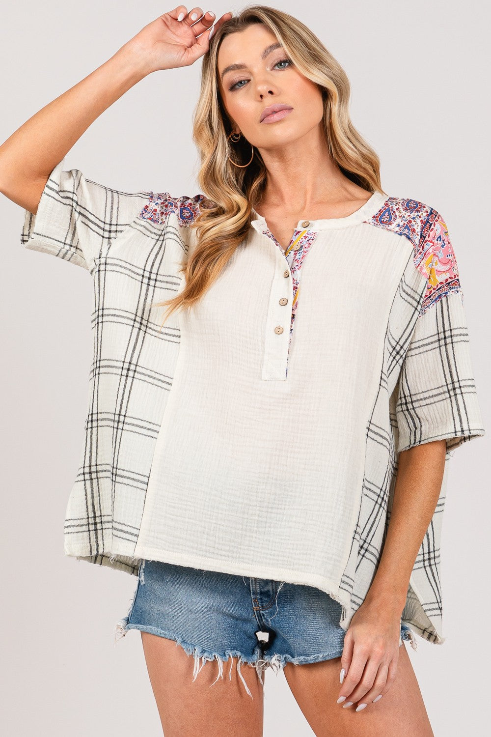 SAGE + FIG Plaid Half Button Gauze Top Top