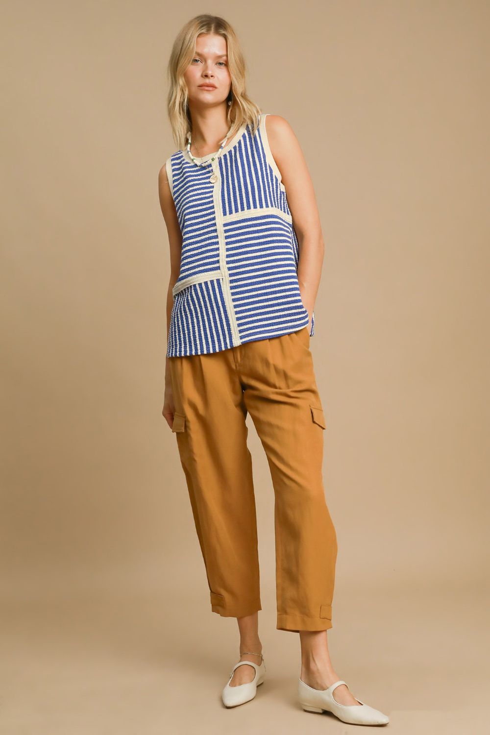 Umgee Round Neck Texture Striped Tank Top