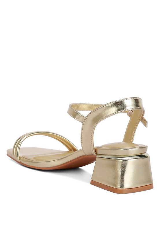 Zabou Metallic Ankle Strap Low Block Heels Heels