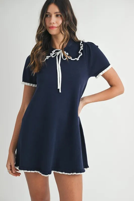 Ruffle Trimmed Collar Fine Knit Mini Dress Navy Dress