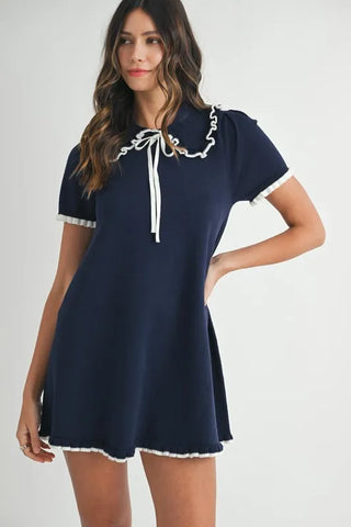 Ruffle Trimmed Collar Fine Knit Mini Dress Navy Dress