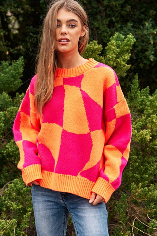 Multi Geo Checker Pullover Knit Sweater Top NEON FUCHSIA Sweater