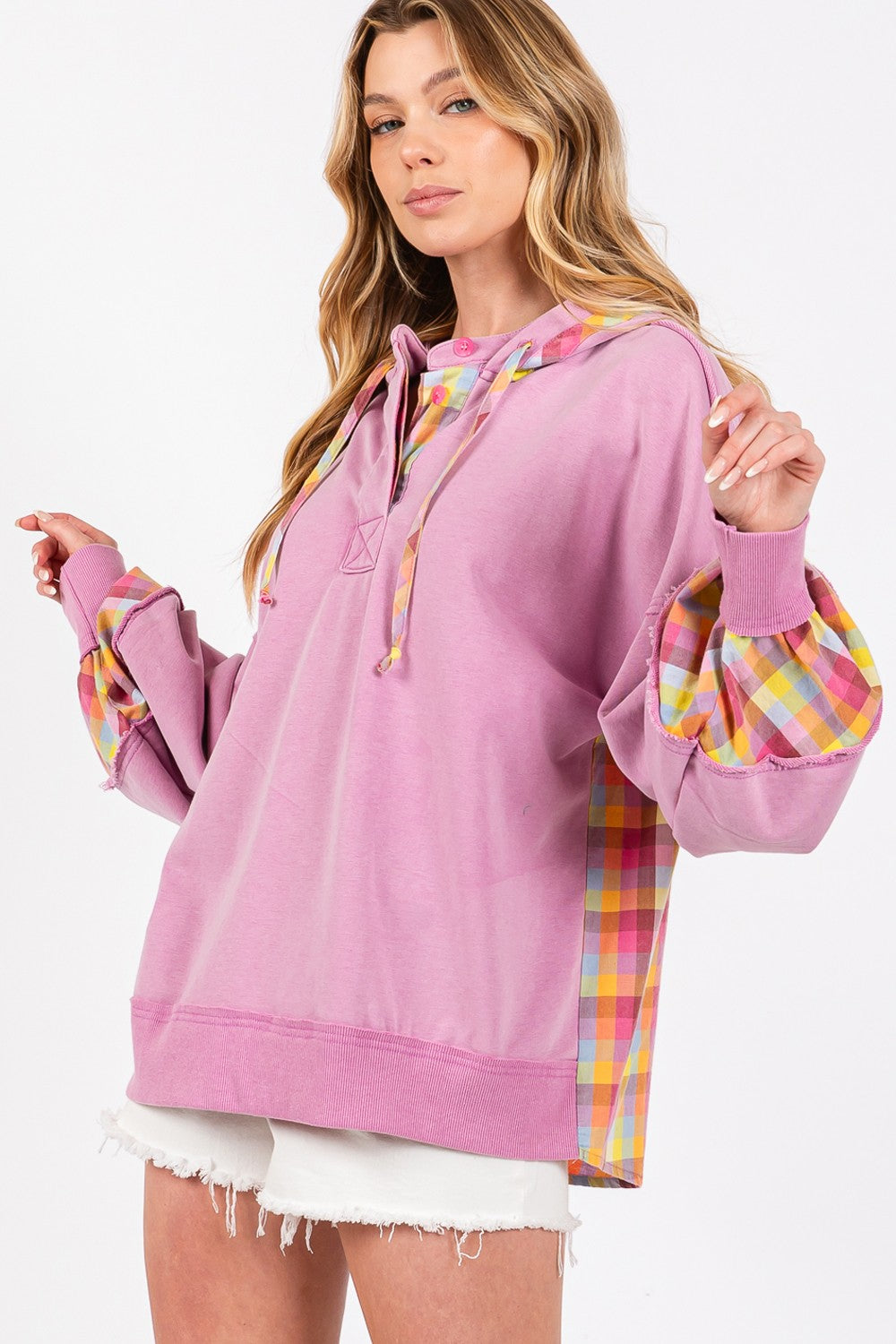 Plaid Print Washed Hoodie sweatshirt