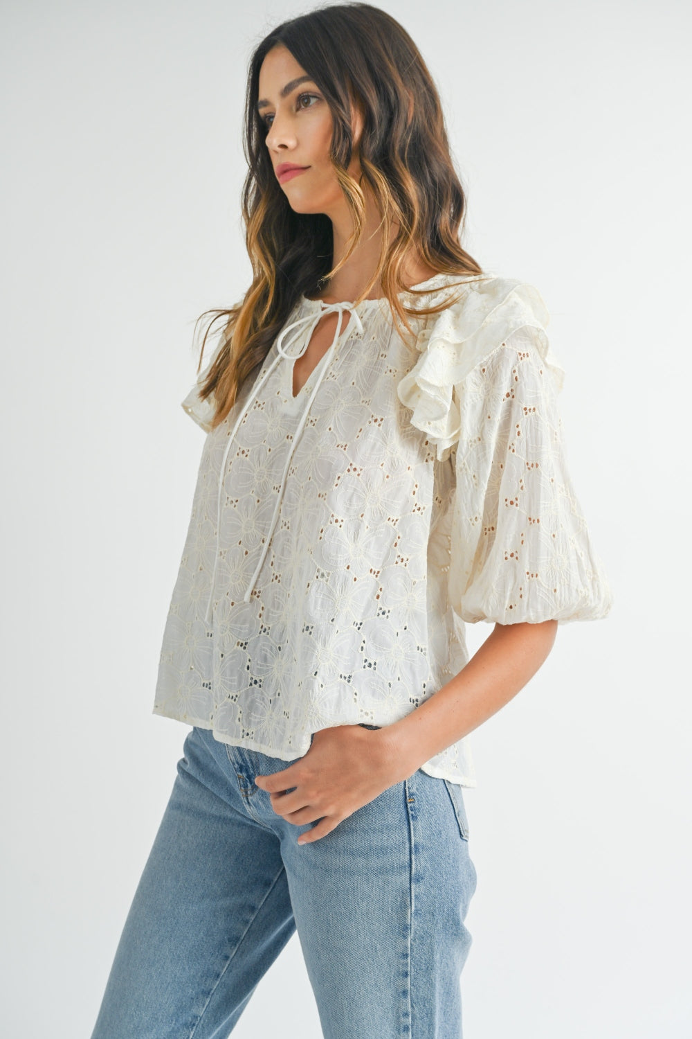 MABLE Eyelet Lace Ruffle Shoulder Puff Sleeve Blouse Dress