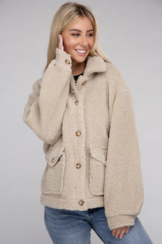 Cozy Sherpa Button-Front Jacket Taupe Jacket