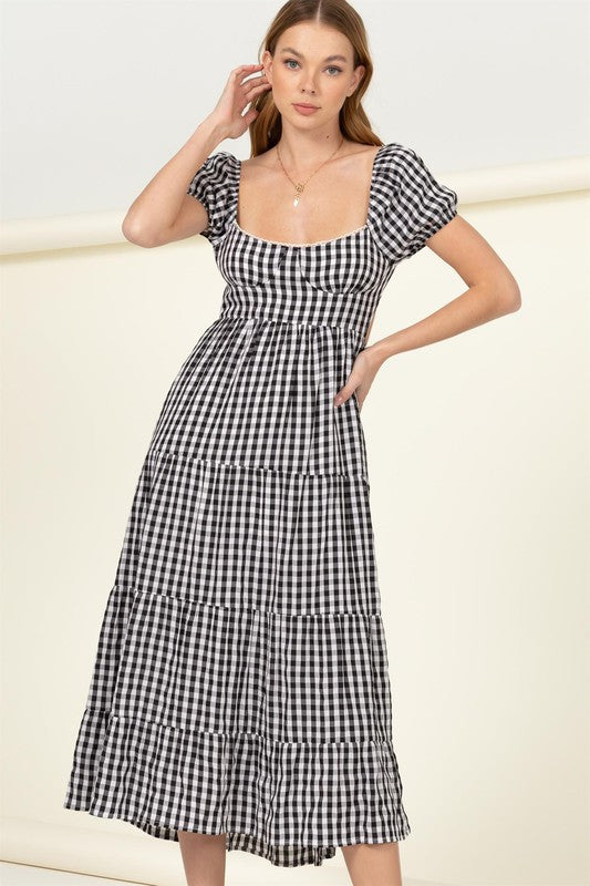 Somewhere to Go Tie-Back Gingham Print Maxi Dress BLACK L Dress