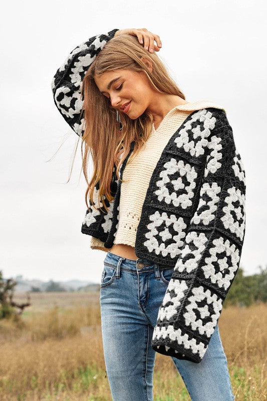 Two-Tone Floral Square Crochet Open Knit Cardigan WHITE BLACK cardigan