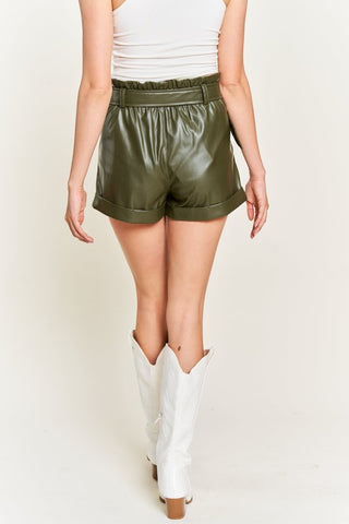 High-rise waist Belted Faux Leather Short Shorts