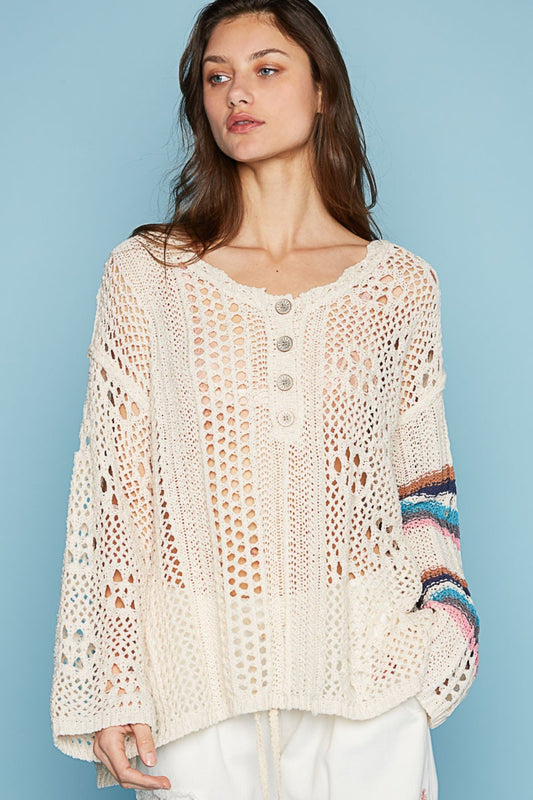 POL Round Neck Striped Long Sleeve Knit Cover Up Oatmeal Multi Top