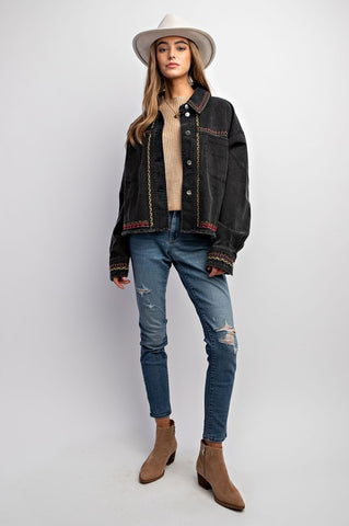 EMBROIDERED WASH COTTON JACKET Black Jacket